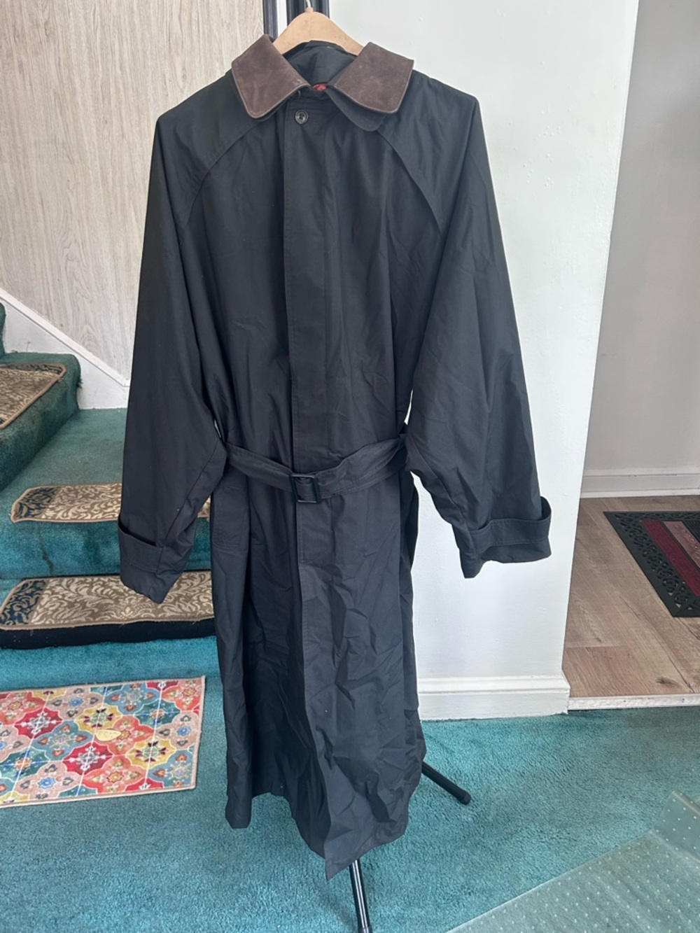 Vintage Towne by London Fog Men's Trench Coat Black Leather Collar 42 Long